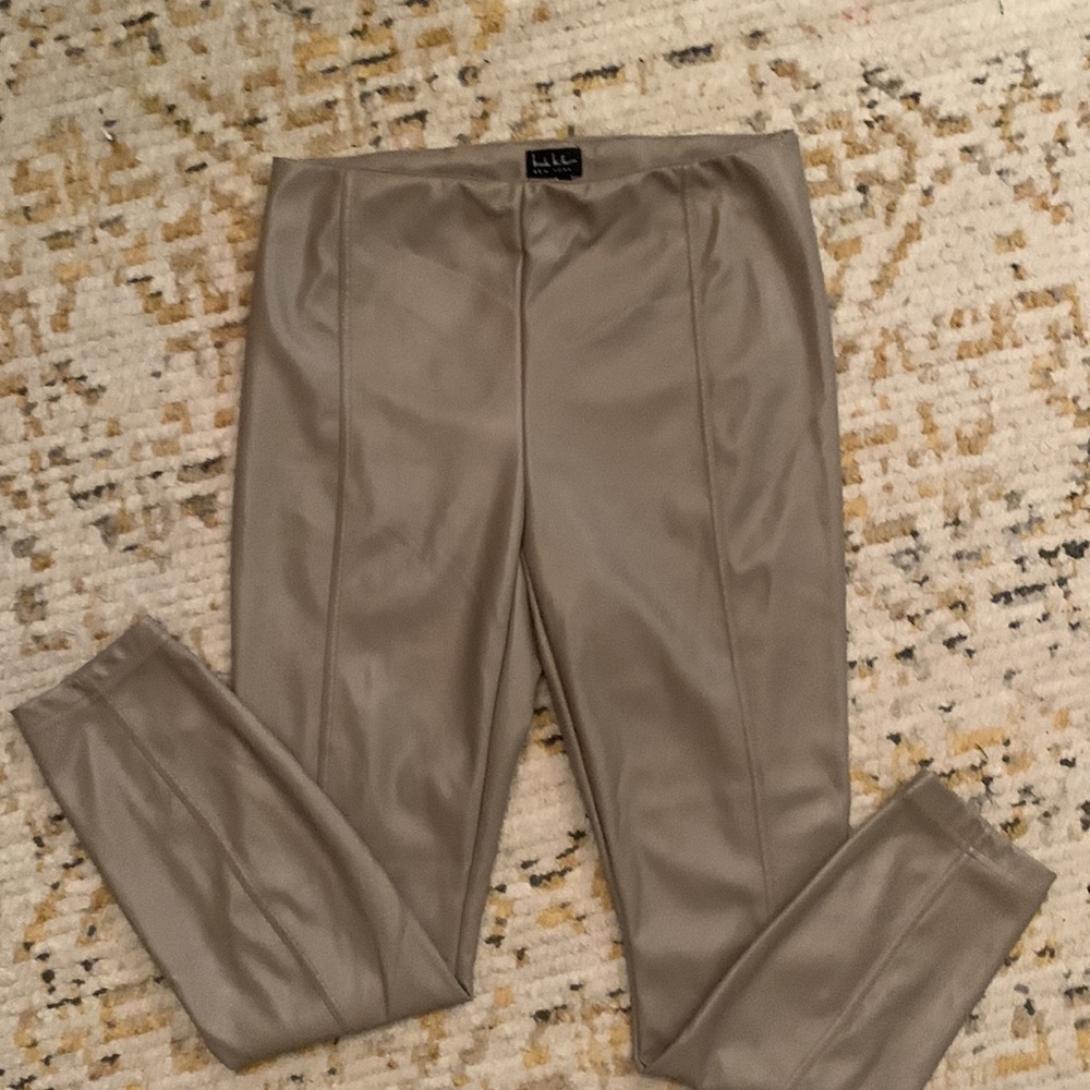 Nicole Miller taupe tan neutral beige faux leather fleece lined pants.